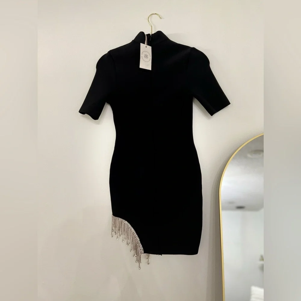 Black Mock-Neck Bandage Bodycon Mini Dress with Rhinestone detail on right side - Picture 5 of 11